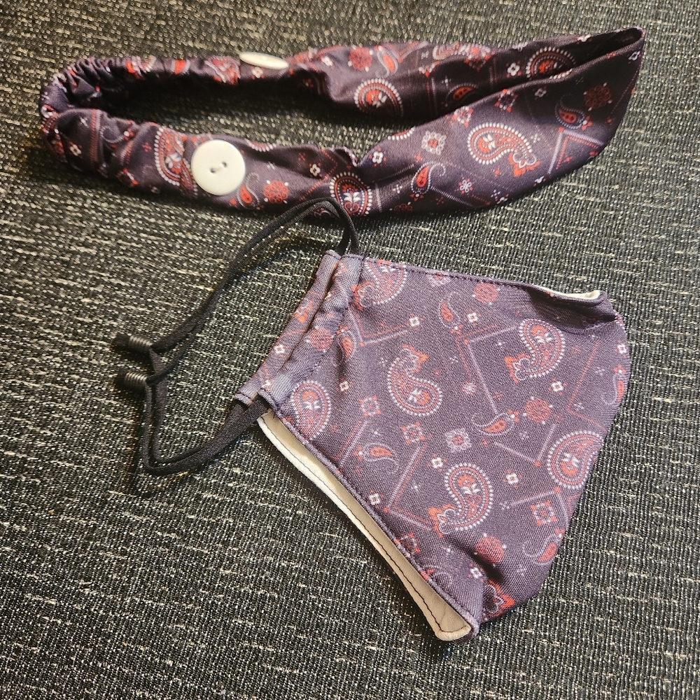 🔥 Face Mask and Headband Set Matching Paisley Deep Purple 2 Buttons Headband